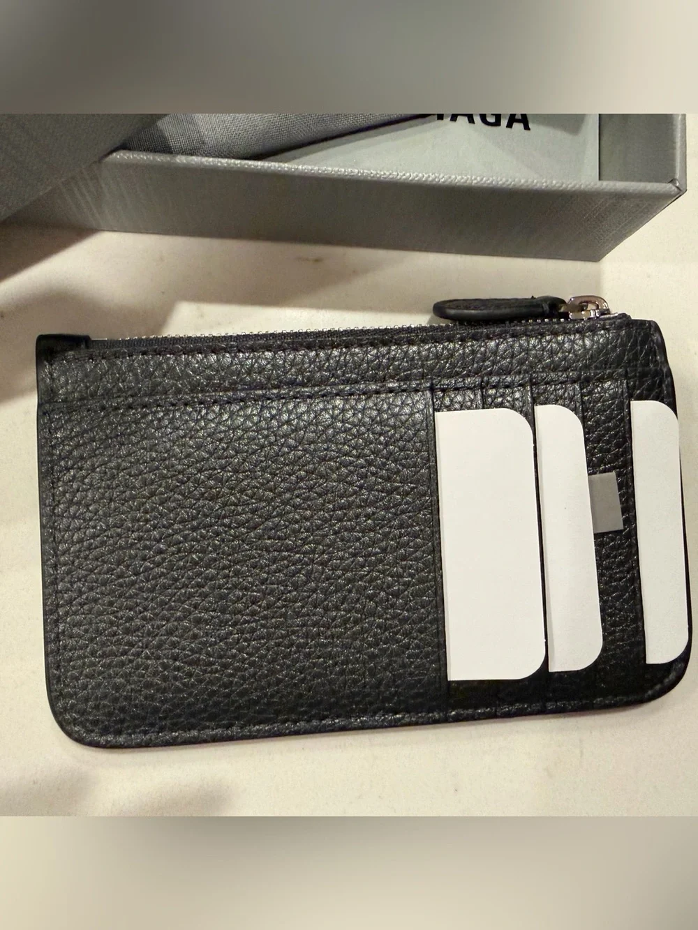 Balenciaga Black Pebbled Leather Zip Card Holder